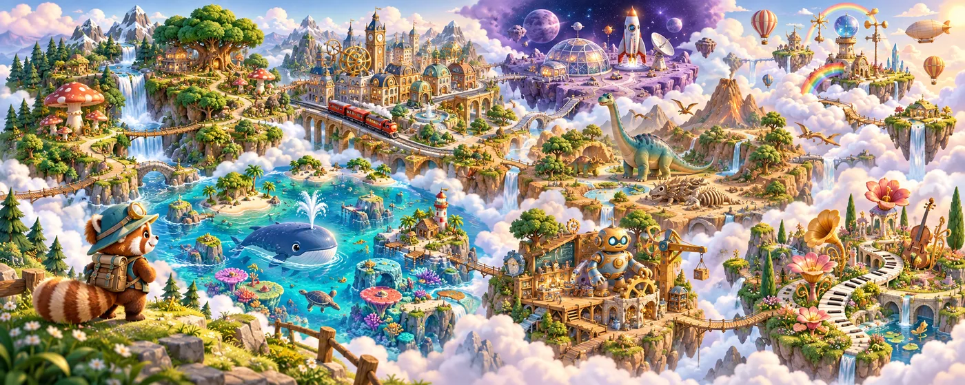 The illustrated Heart Steps universe: an ocean, forests, a town, space and floating islands